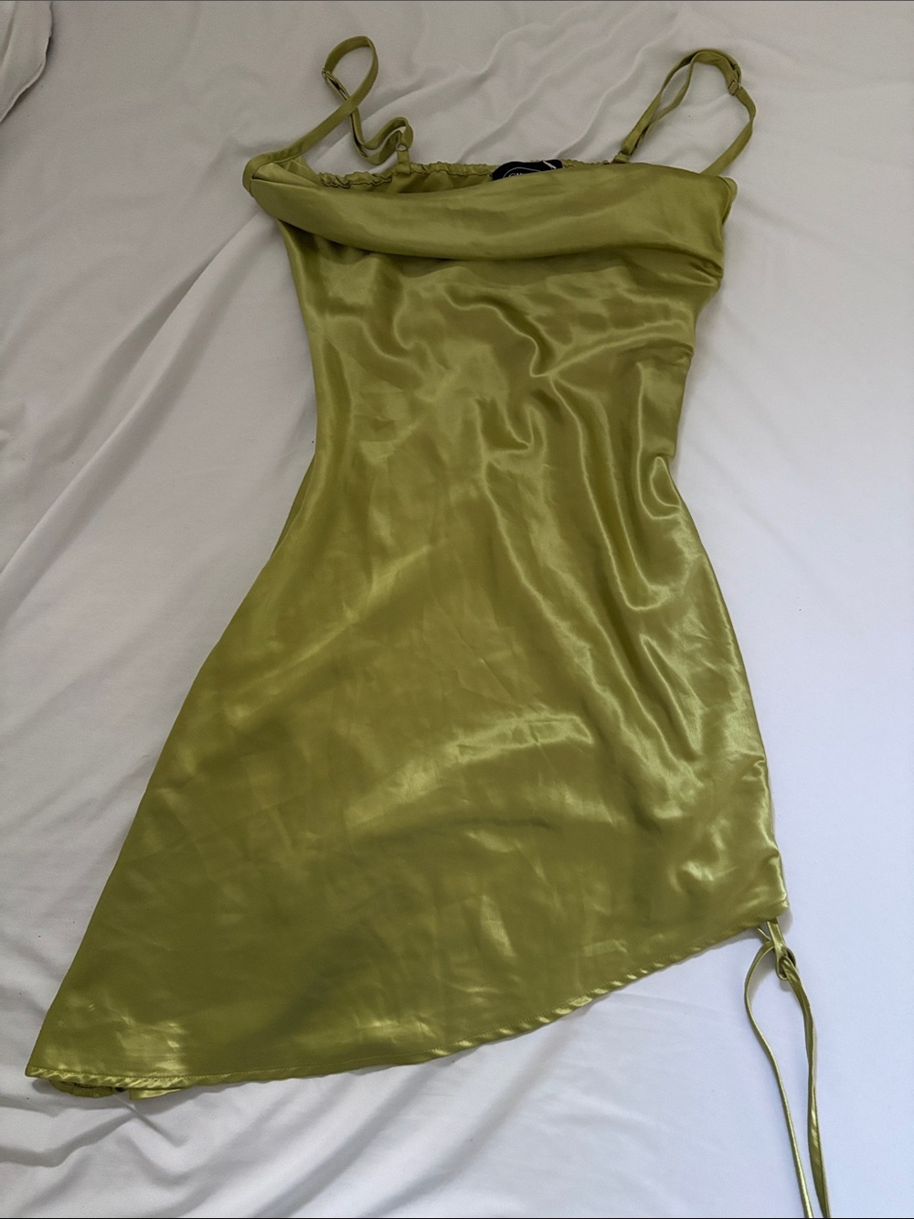 Cider Olive Green Satin Asymmetrical Slip Dress